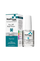 Front view of Nail Tek Quicken topcoat 0.5-ounce bottle with white brush cap side by side with its retail box packaging